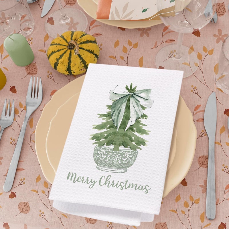 SPBL&L Merry Chinoiserie Christmas Kitchen Towels, Sage Green Porcelain Tree Hand Towels for Bathroom, Bow Dish Towels, Kitchen Bathroom Decor, 16x24 Inch - Image 4